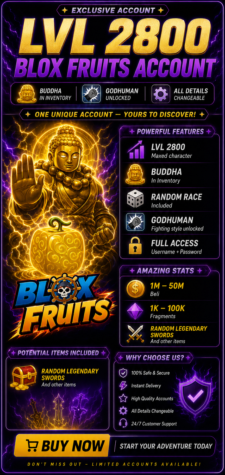 🟡 BLOX FRUITS MAX LEVEL ACCOUNT (2800) 🟡🧘‍♂️ BUDDHA 🧘‍♂️🥊 GODHUMAN 🥊 📧 MAIL UNVERIFIED 📧