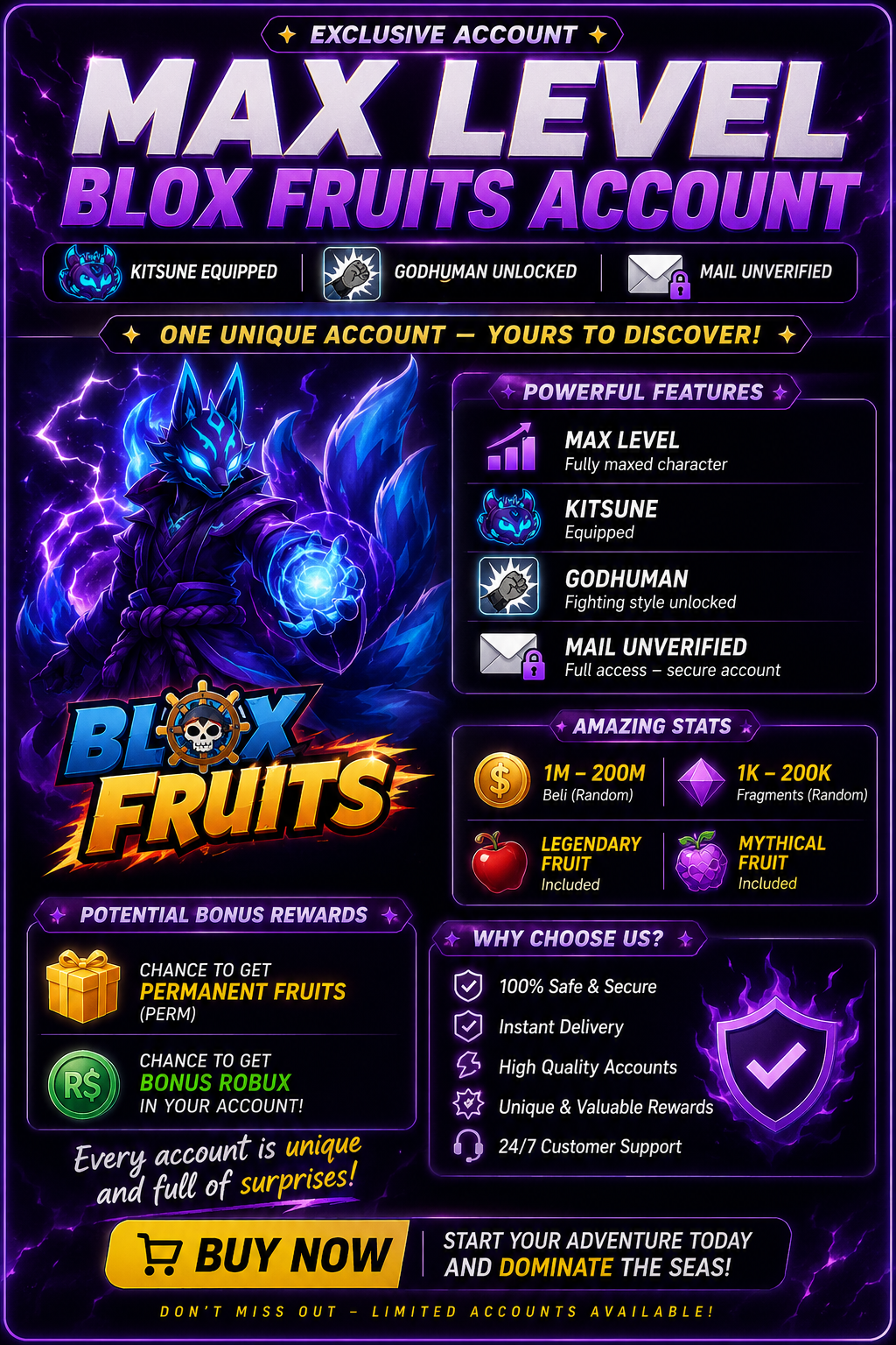 🦊 BLOX FRUITS MAX LEVEL ACCOUNT (2800) 🦊⚡ KITSUNE ⚡🥊 GODHUMAN 🥊📧 MAIL UNVERIFIED 📧