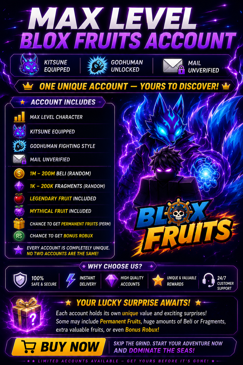 🦊 BLOX FRUITS MAX LEVEL ACCOUNT (2800) 🦊⚡ KITSUNE ⚡🥊 GODHUMAN 🥊📧 MAIL UNVERIFIED 📧